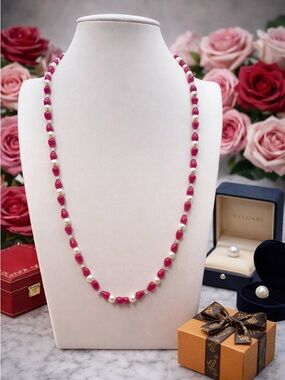 Red Ruby & Freshwater Pearl Necklace  Vintage Crystal Accents  22” Aprilsplace